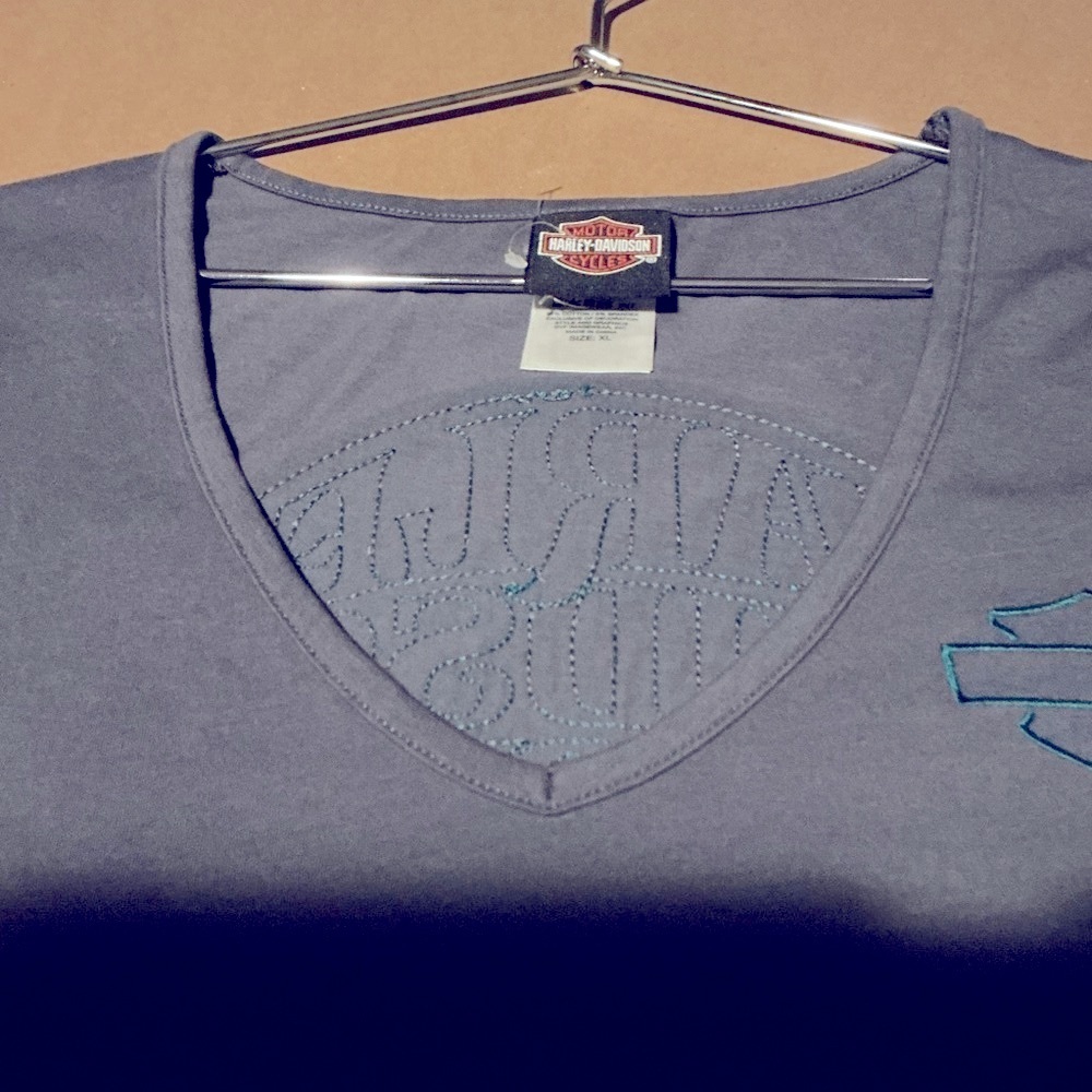 Vintage Harley-Davidson Women's Dark Gray and turquoise Tee with Blue Accents - Picture 4 of 10